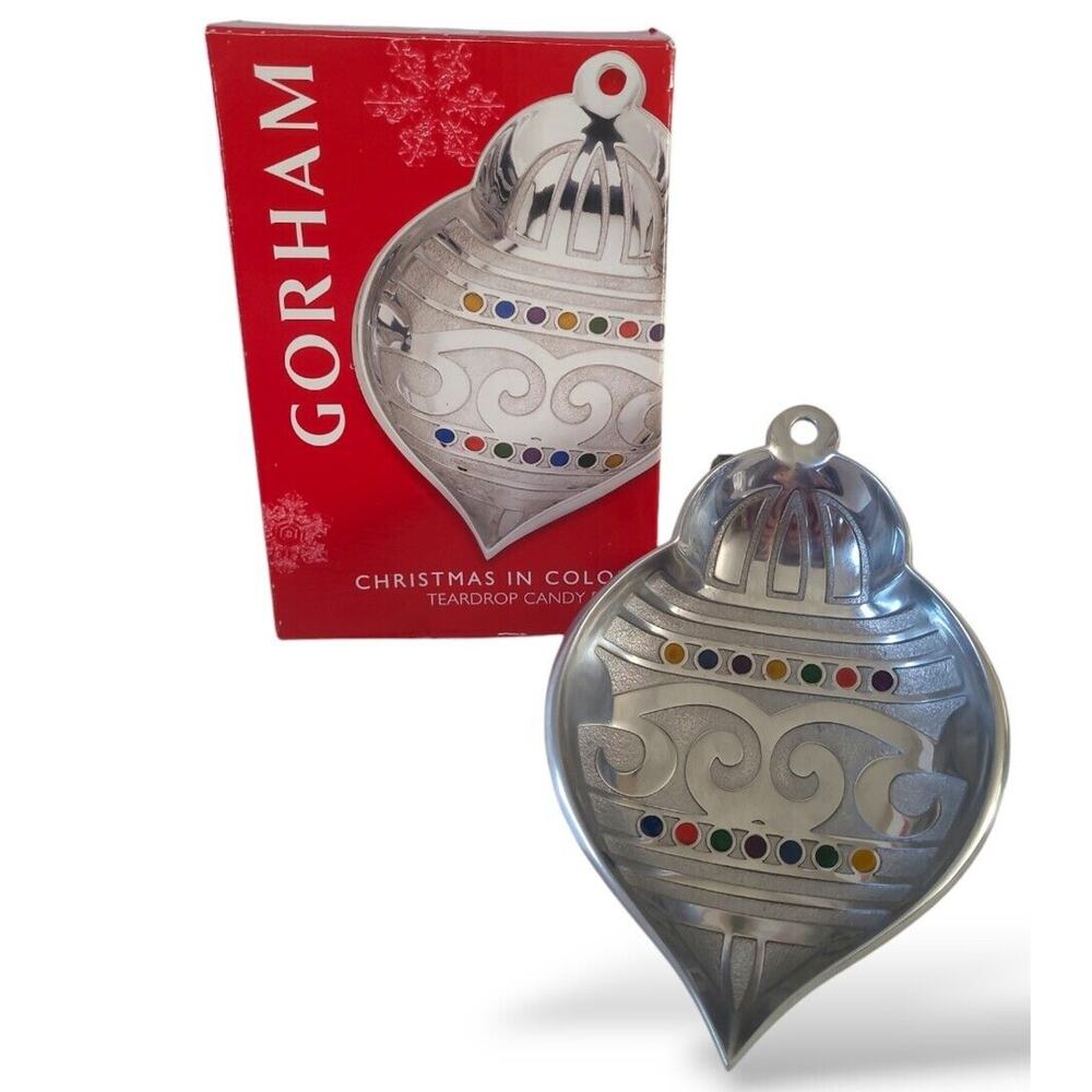 Gorham Christmas in Color Ornament Candy Trinket Dish NEW Teardrop Silver Decor